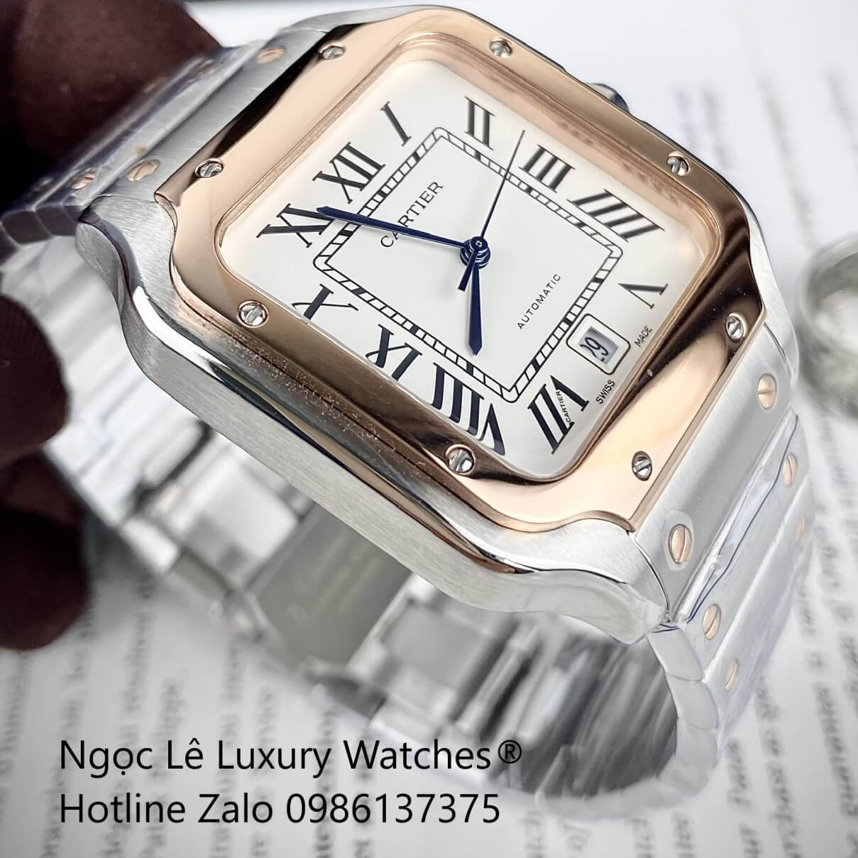 Đồng Hồ Nam Cartier Santos Automatic Dây Kim Loại Demi Rose Mặt Trắng Size 38x38mm