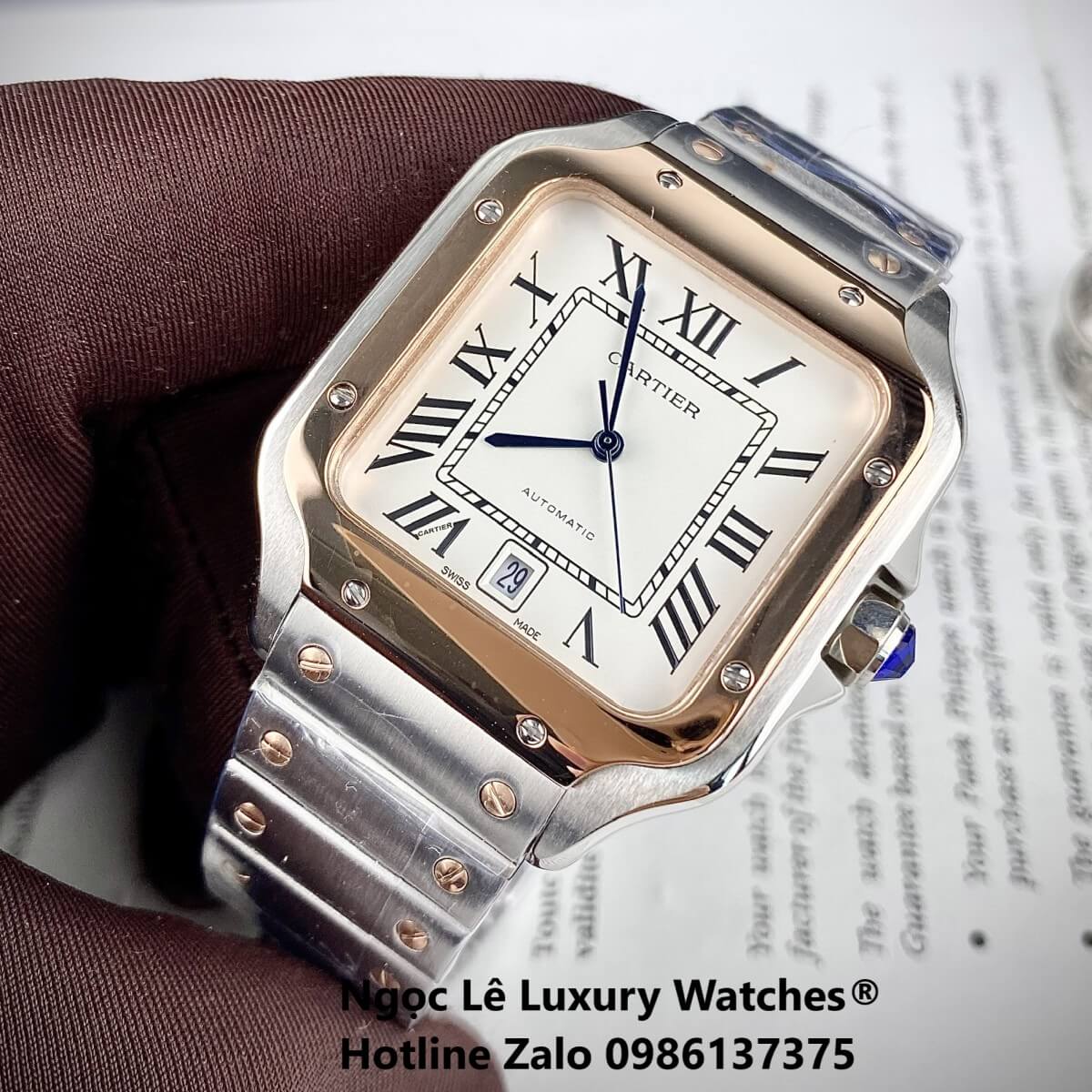 Đồng Hồ Nam Cartier Santos Automatic Dây Kim Loại Demi Rose Mặt Trắng Size 38x38mm