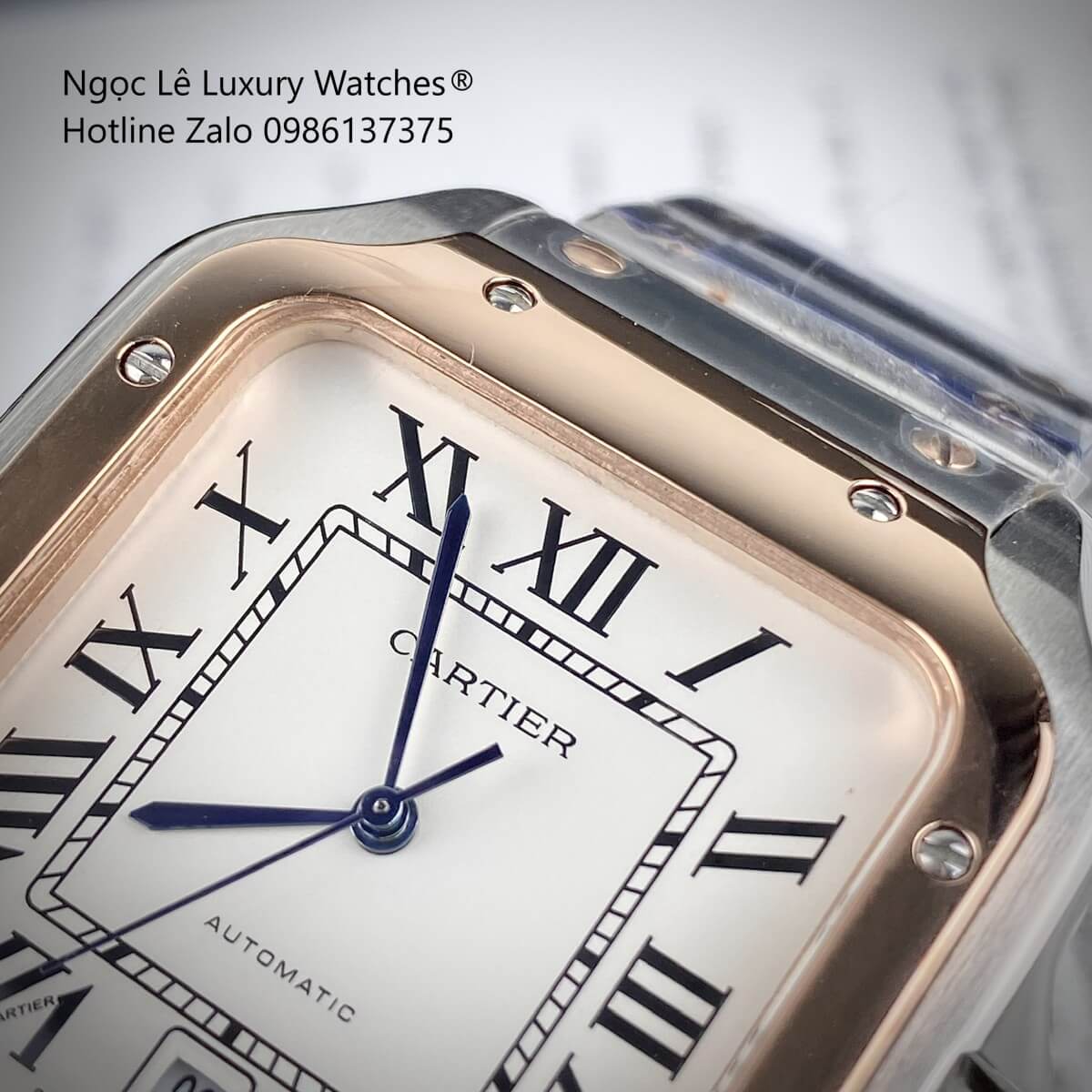 Đồng Hồ Nam Cartier Santos Automatic Dây Kim Loại Demi Rose Mặt Trắng Size 38x38mm