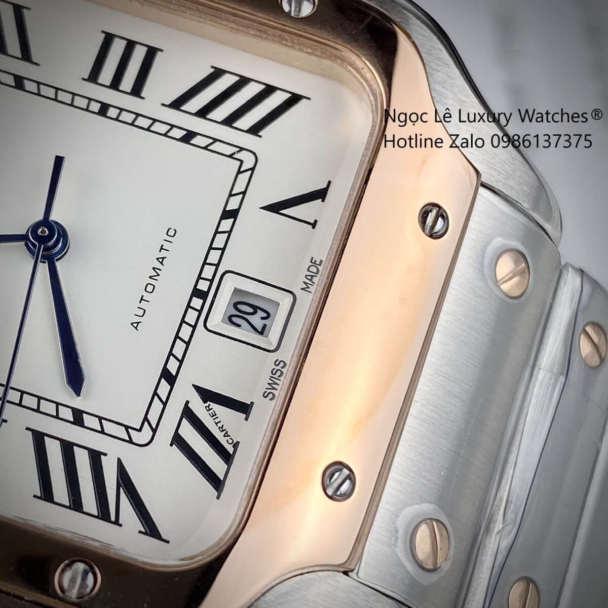 Đồng Hồ Nam Cartier Santos Automatic Dây Kim Loại Demi Rose Mặt Trắng Size 38x38mm
