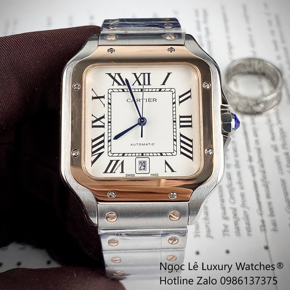 Đồng Hồ Nam Cartier Santos Automatic Dây Kim Loại Demi Rose Mặt Trắng Size 38x38mm
