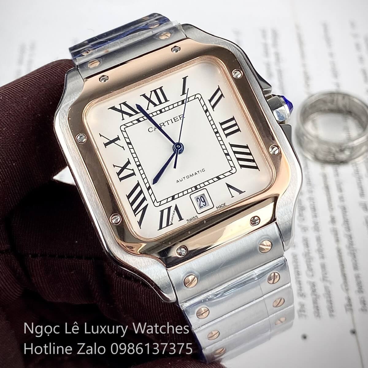 Đồng Hồ Nam Cartier Santos Automatic Dây Kim Loại Demi Rose Mặt Trắng Size 38x38mm