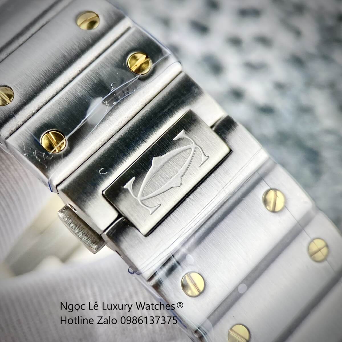 Đồng Hồ Nam Cartier Santos Automatic Dây Kim Loại Demi Vàng Mặt Trắng Size 38x38mm