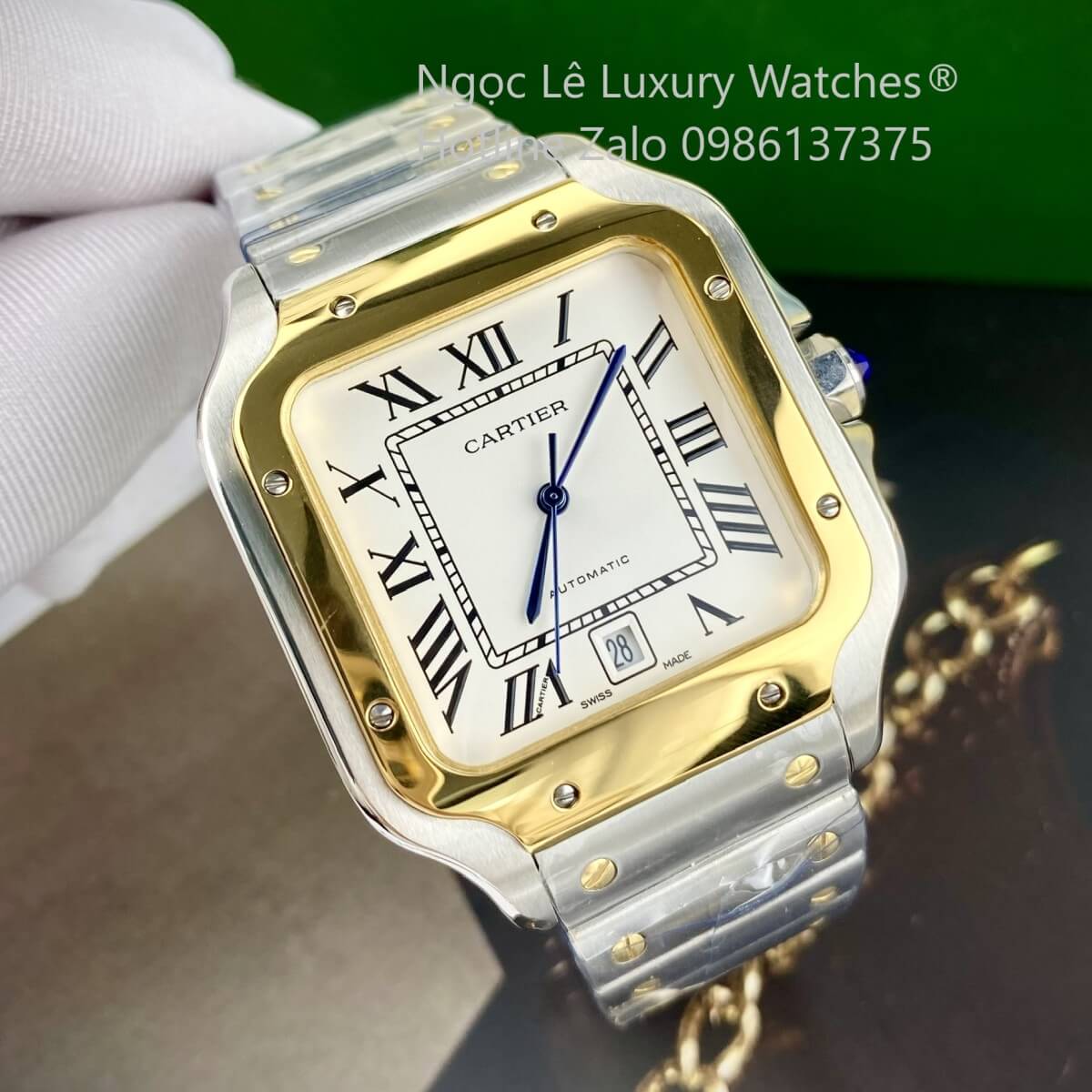 Đồng Hồ Nam Cartier Santos Automatic Dây Kim Loại Demi Vàng Mặt Trắng Size 38x38mm
