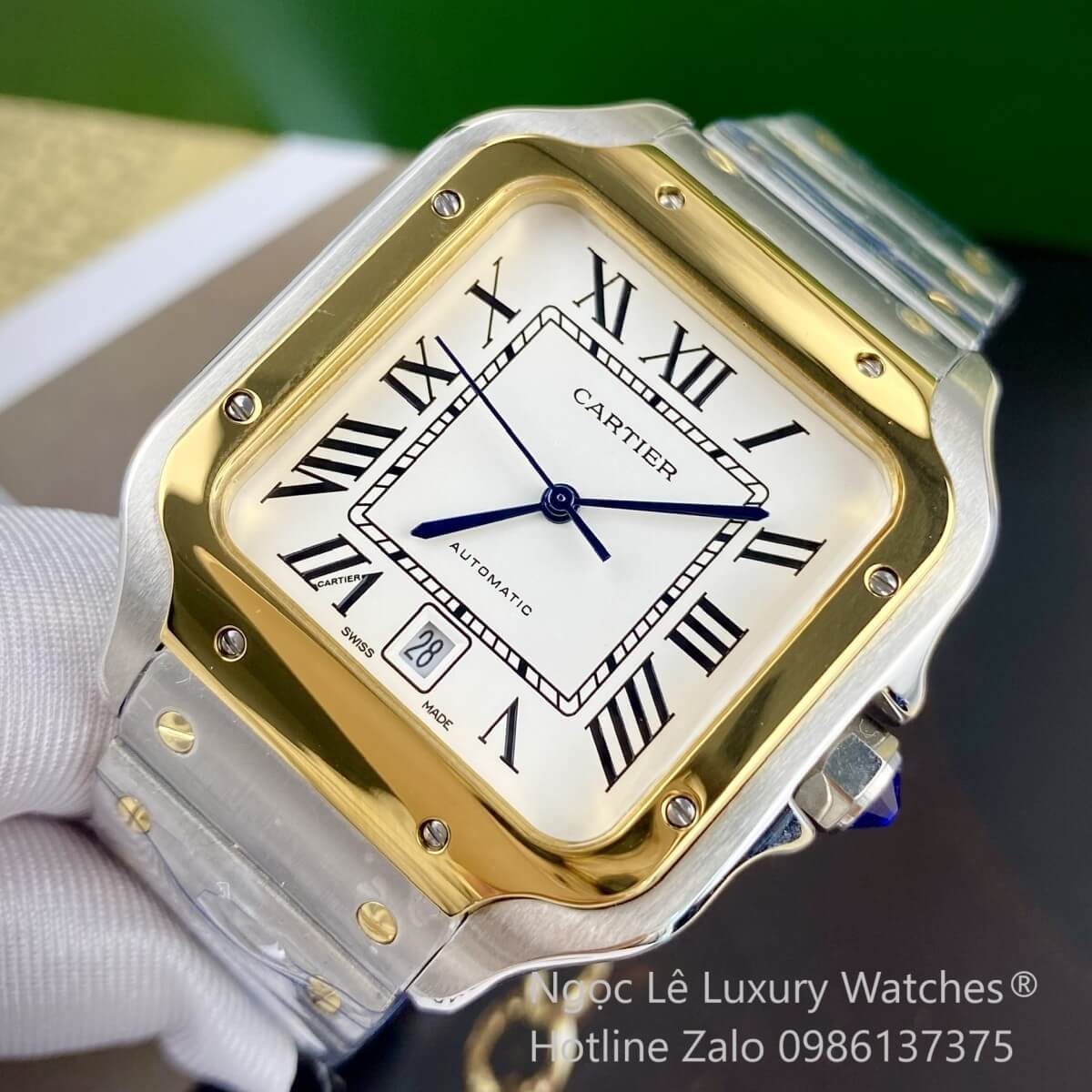 Đồng Hồ Nam Cartier Santos Automatic Dây Kim Loại Demi Vàng Mặt Trắng Size 38x38mm