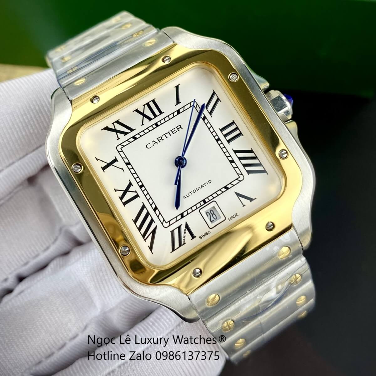 Đồng Hồ Nam Cartier Santos Automatic Dây Kim Loại Demi Vàng Mặt Trắng Size 38x38mm