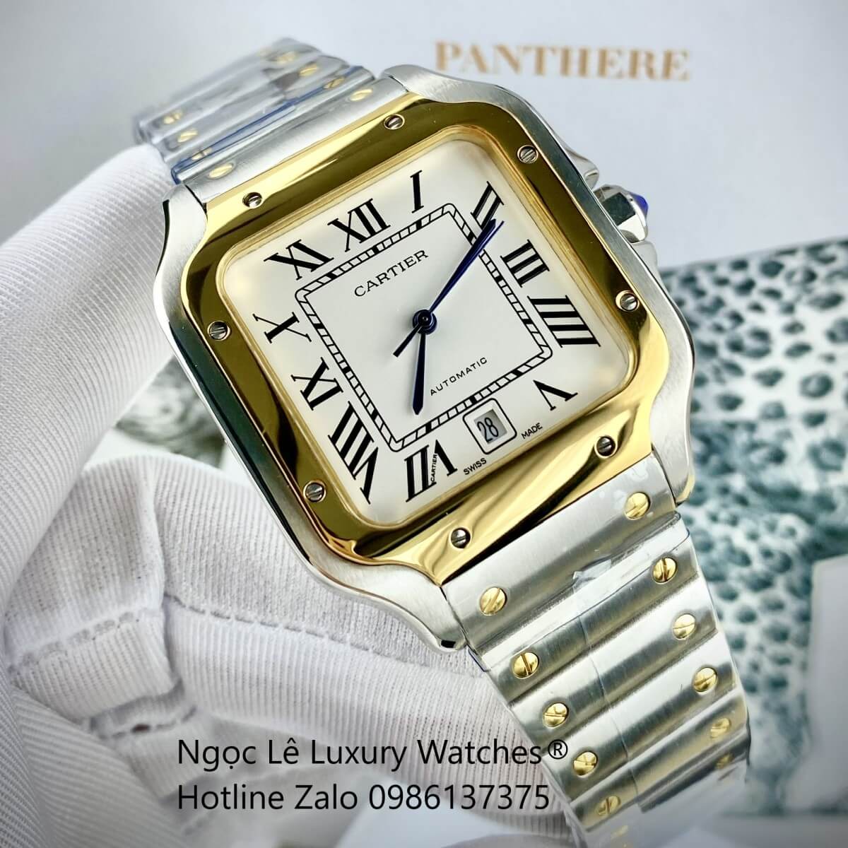 Đồng Hồ Nam Cartier Santos Automatic Dây Kim Loại Demi Vàng Mặt Trắng Size 38x38mm