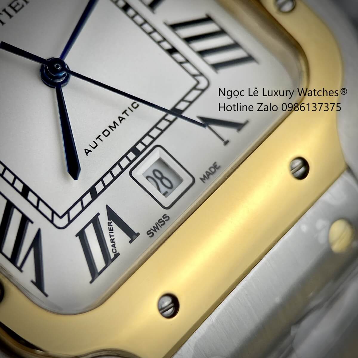 Đồng Hồ Nam Cartier Santos Automatic Dây Kim Loại Demi Vàng Mặt Trắng Size 38x38mm