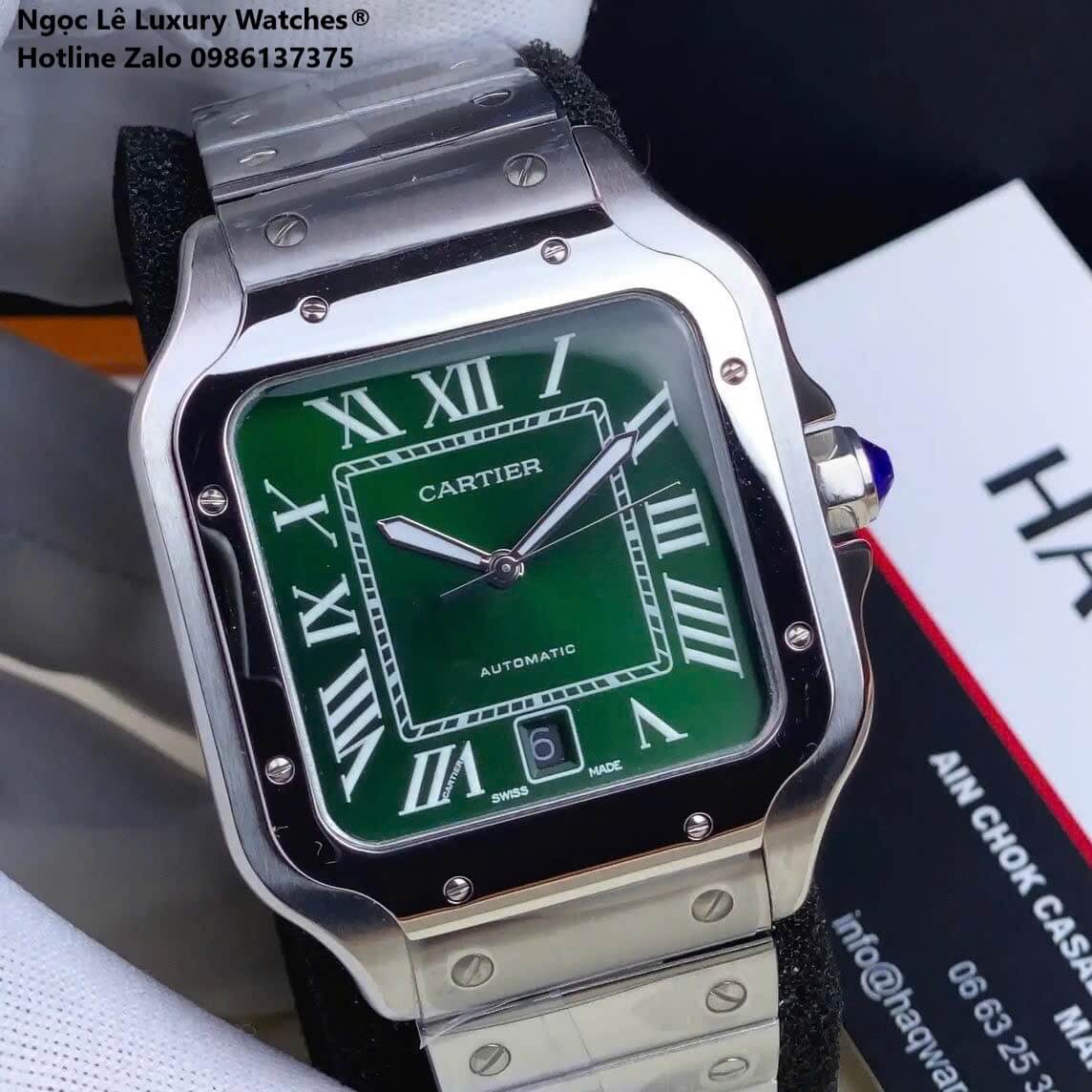 Đồng Hồ Nam Cartier Santos Automatic Dây Kim Loại Silver Mặt Xanh Lá Ombre Size 38x38mm