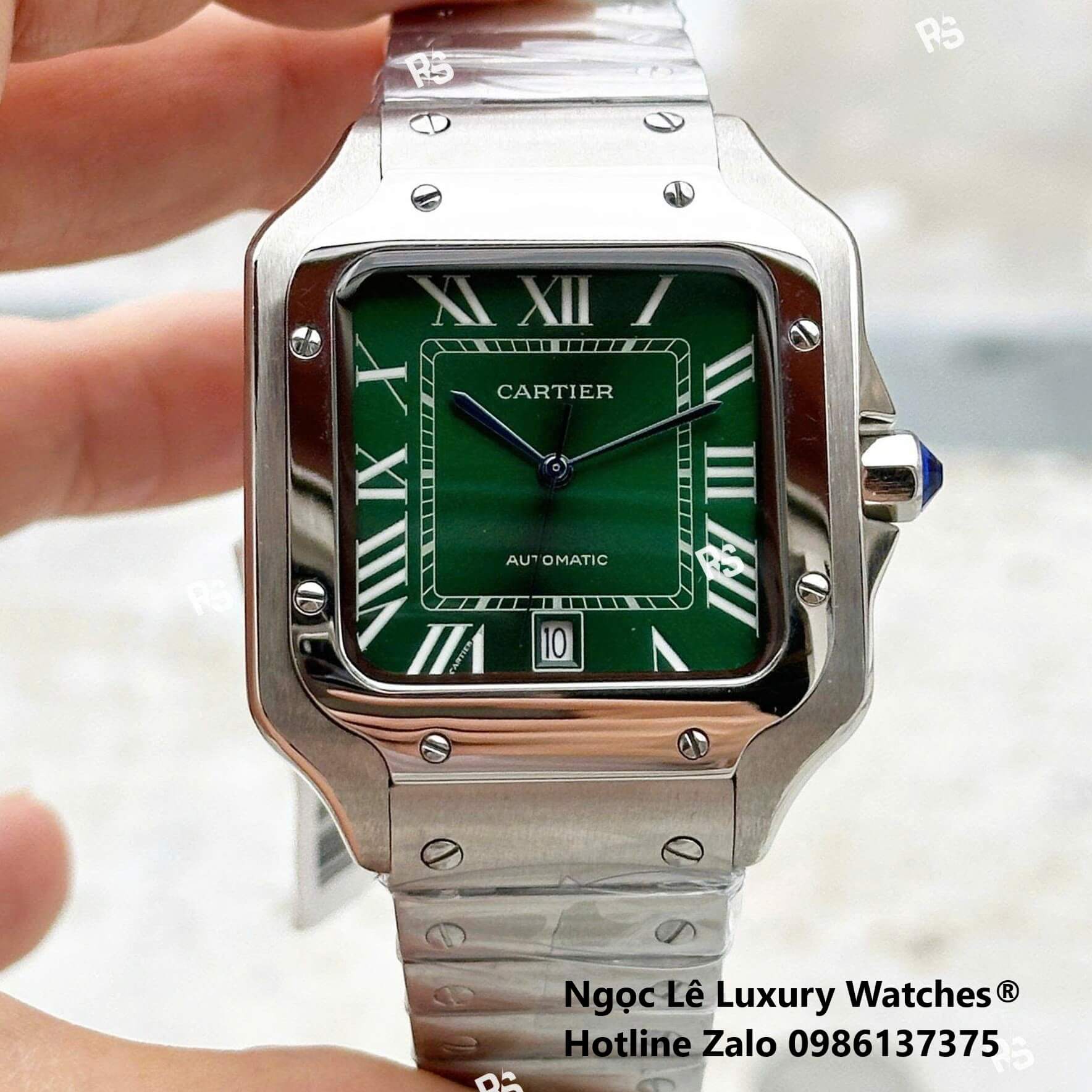 Đồng Hồ Nam Cartier Santos Automatic Dây Kim Loại Silver Mặt Xanh Lá Ombre Size 38x38mm