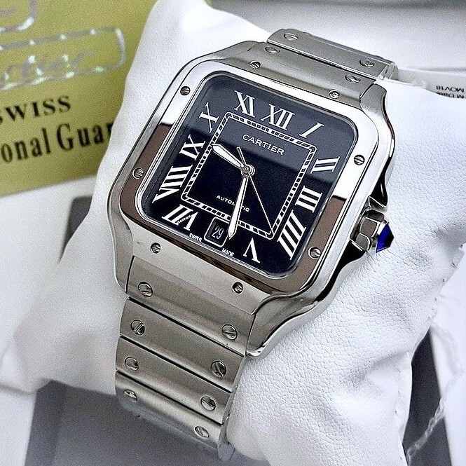 Đồng Hồ Nam Cartier Santos Automatic Dây Kim Loại Silver Mặt Đen Size 38x38mm
