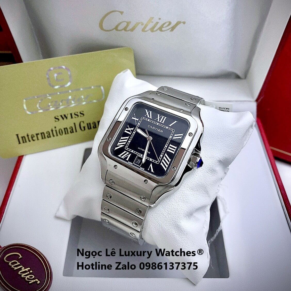 Đồng Hồ Nam Cartier Santos Automatic Dây Kim Loại Silver Mặt Đen Size 38x38mm