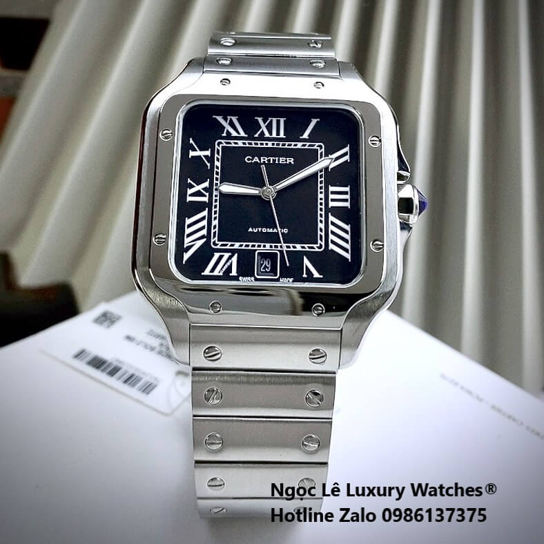 Đồng Hồ Nam Cartier Santos Automatic Dây Kim Loại Silver Mặt Đen Size 38x38mm