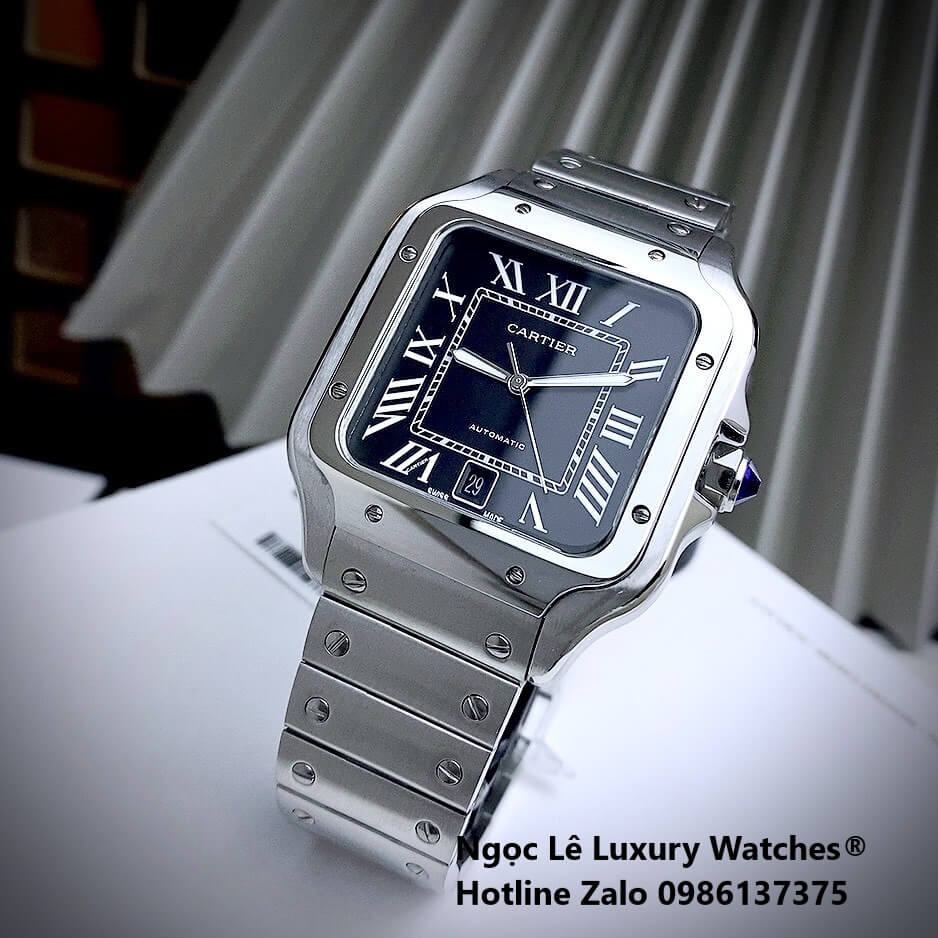 Đồng Hồ Nam Cartier Santos Automatic Dây Kim Loại Silver Mặt Đen Size 38x38mm
