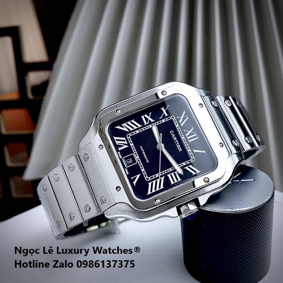 Đồng Hồ Nam Cartier Santos Automatic Dây Kim Loại Silver Mặt Đen Size 38x38mm