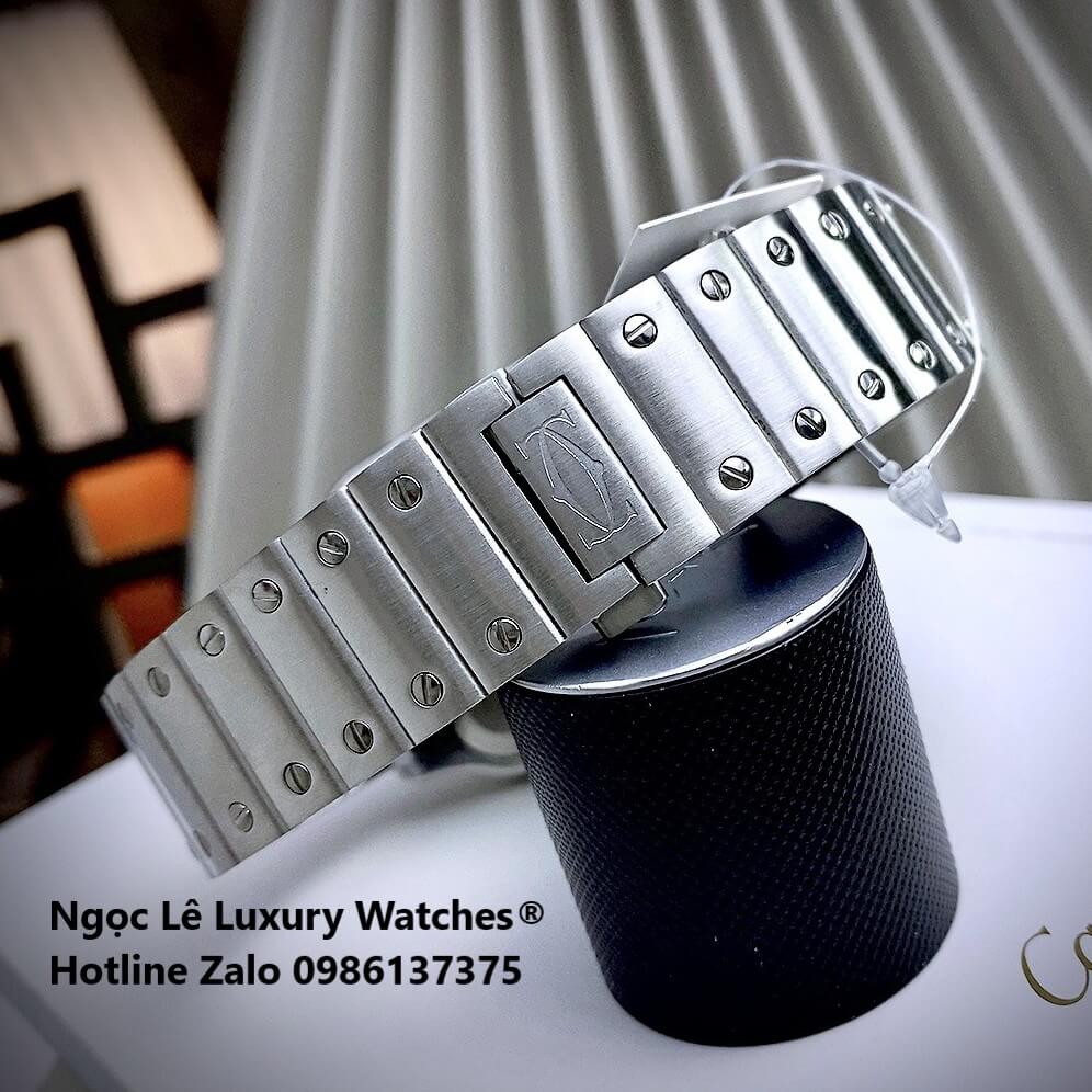 Đồng Hồ Nam Cartier Santos Automatic Dây Kim Loại Silver Mặt Đen Size 38x38mm