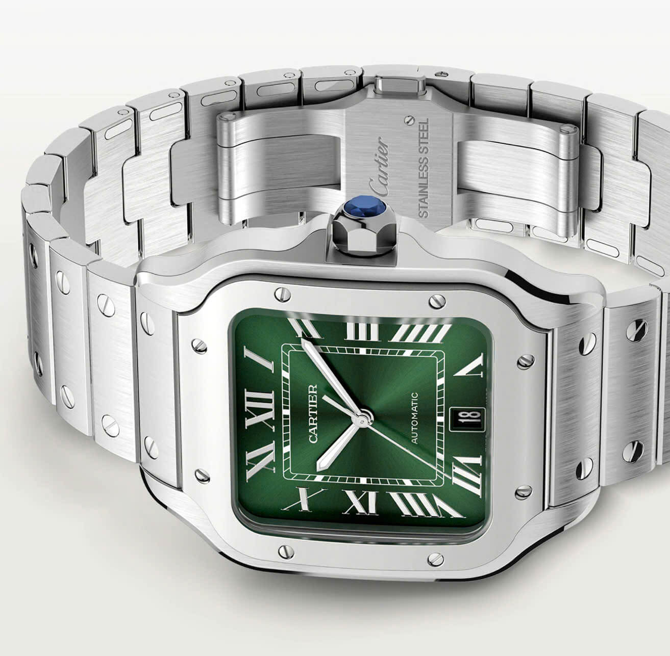 Đồng Hồ Nam Cartier Santos Automatic Dây Kim Loại Silver Mặt Xanh Lá Ombre Size 38x38mm