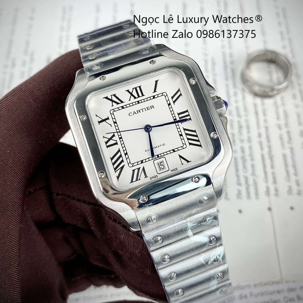 Đồng Hồ Nam Cartier Santos Automatic Dây Kim Loại Silver Mặt Trắng Size 38x38mm