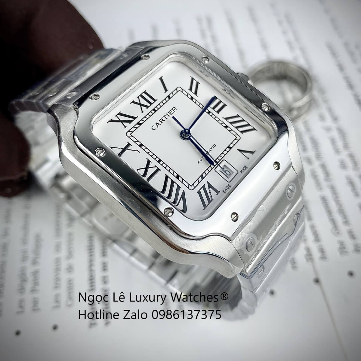 Đồng Hồ Nam Cartier Santos Automatic Dây Kim Loại Silver Mặt Trắng Size 38x38mm