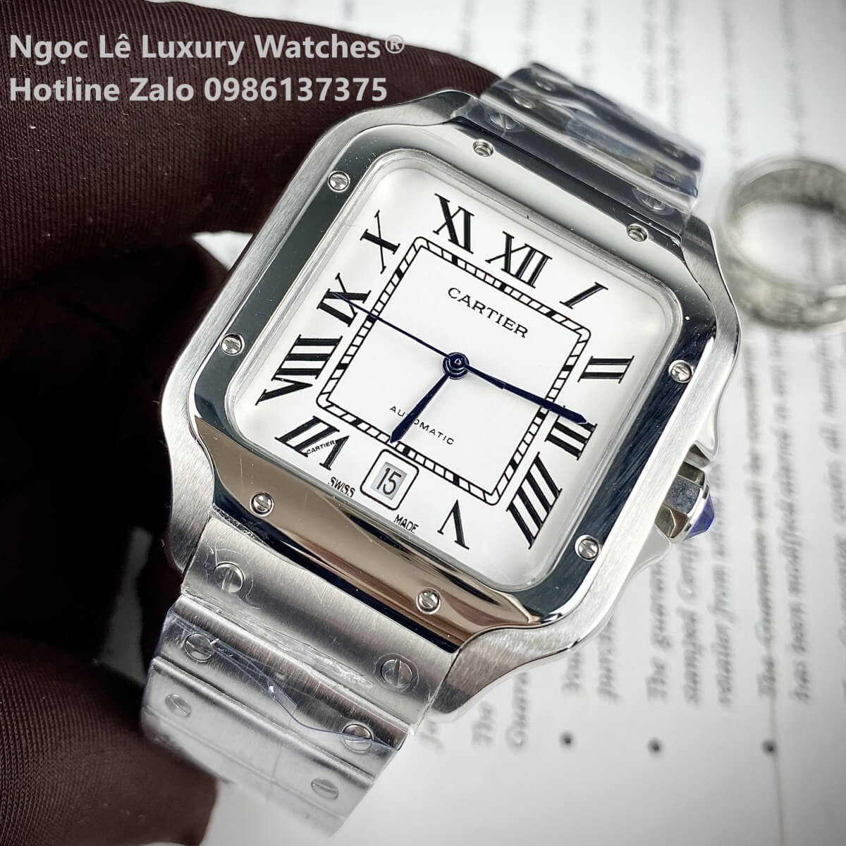 Đồng Hồ Nam Cartier Santos Automatic Dây Kim Loại Silver Mặt Trắng Size 38x38mm