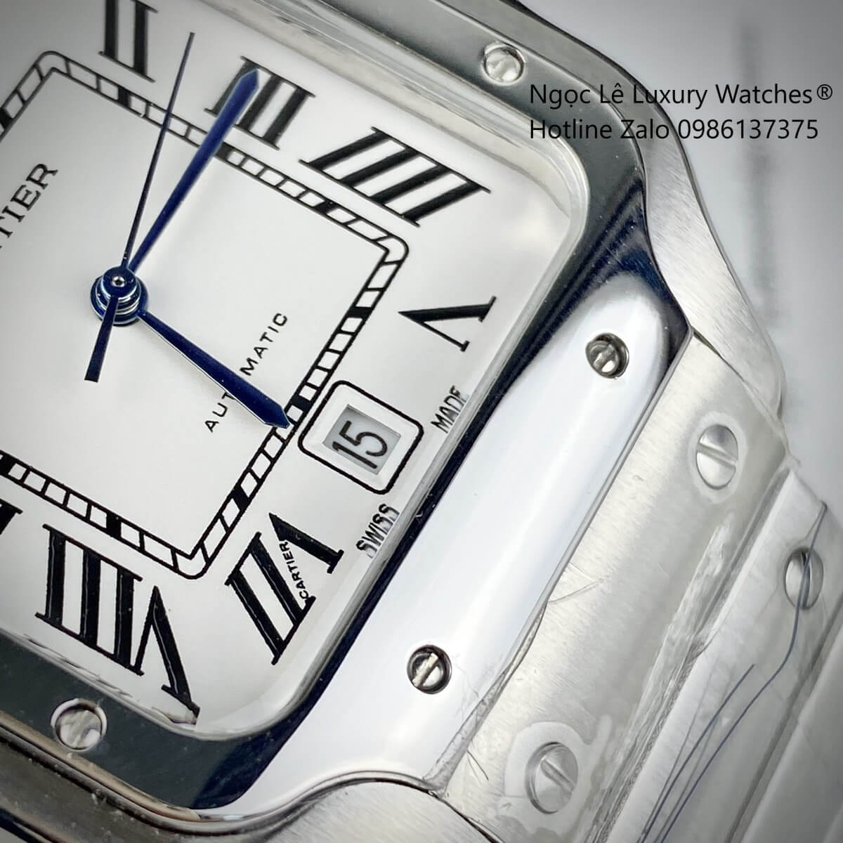 Đồng Hồ Nam Cartier Santos Automatic Dây Kim Loại Silver Mặt Trắng Size 38x38mm