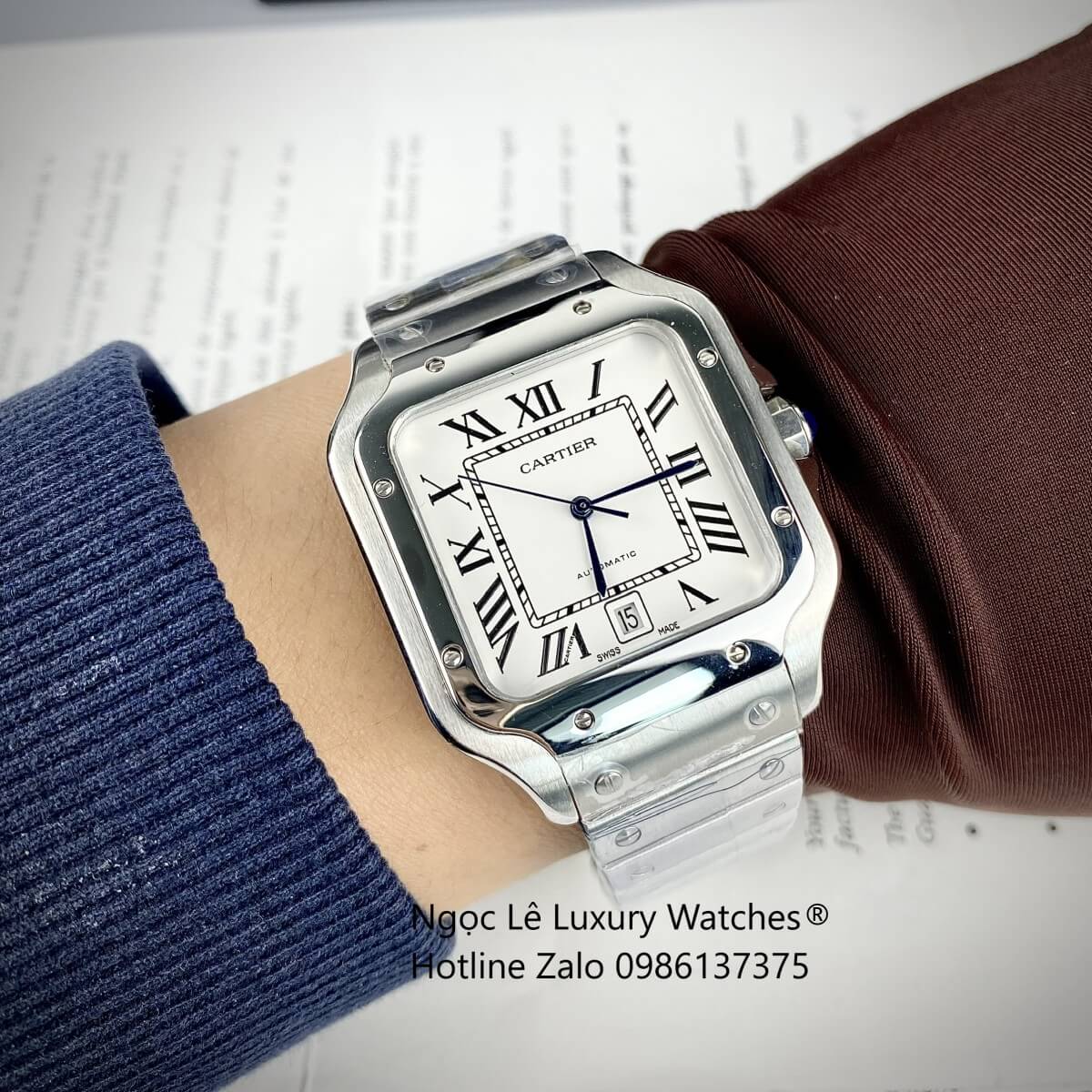 Đồng Hồ Nam Cartier Santos Automatic Dây Kim Loại Silver Mặt Trắng Size 38x38mm