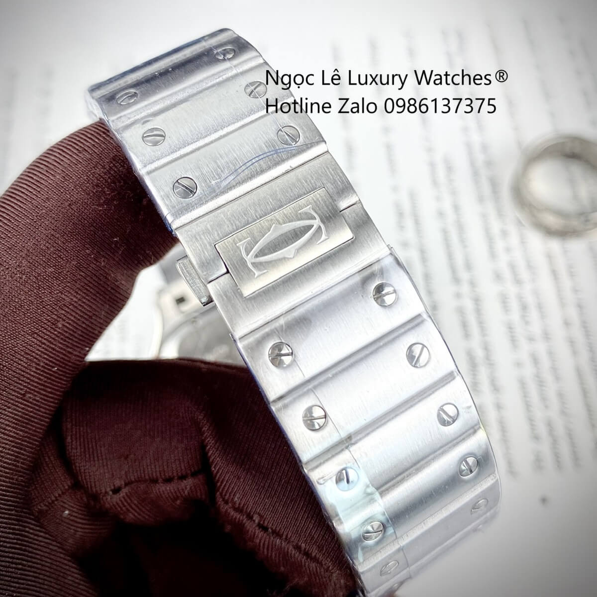 Đồng Hồ Nam Cartier Santos Automatic Dây Kim Loại Silver Mặt Đen Size 38x38mm