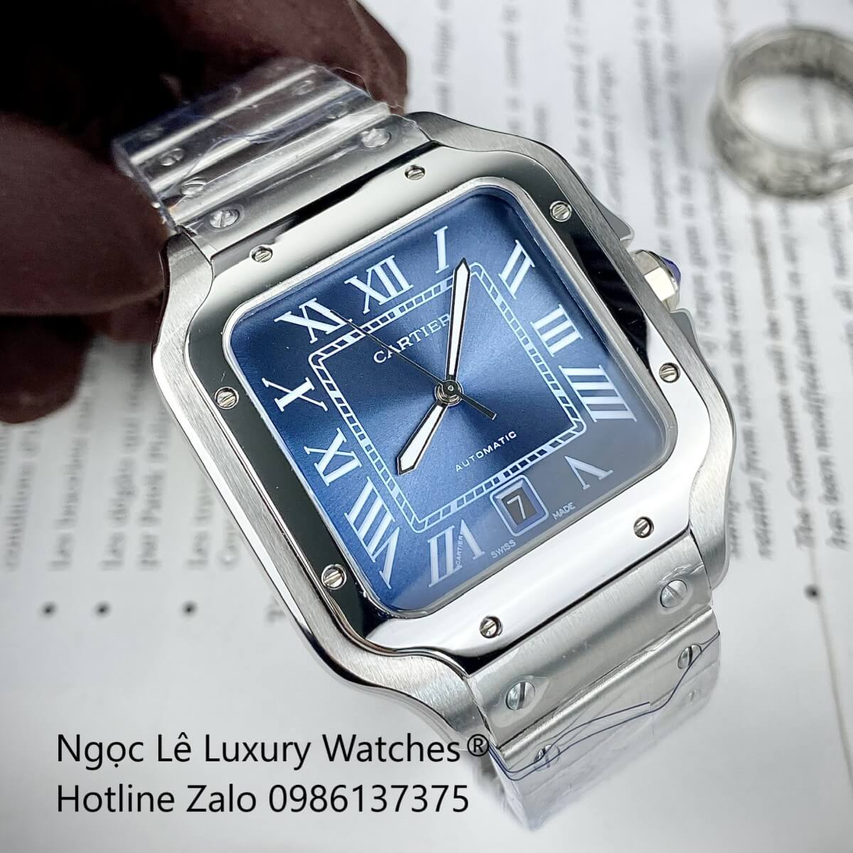 Đồng Hồ Nam Cartier Santos Automatic Dây Kim Loại Silver Mặt Xanh Ombre Size 38x38mm