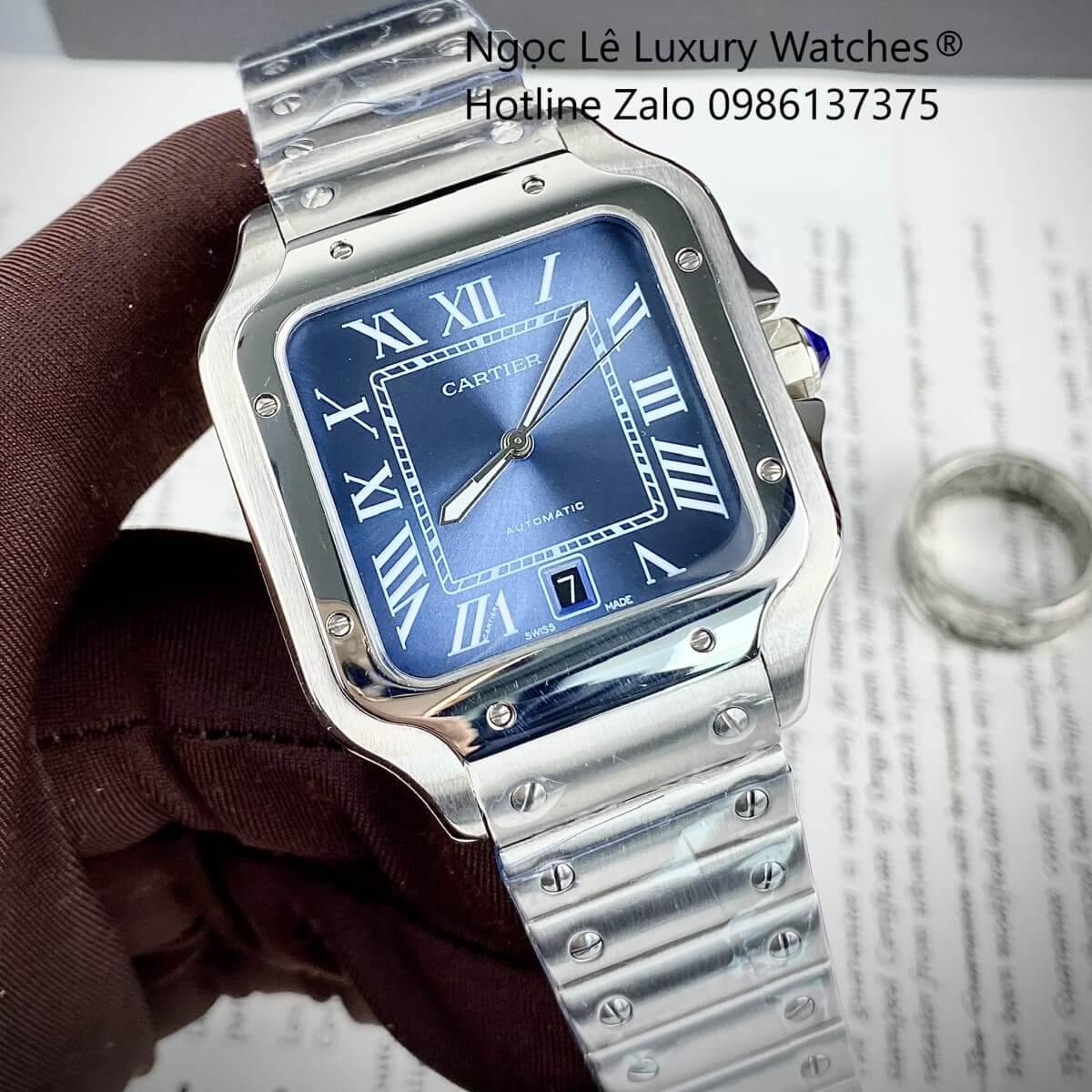 Đồng Hồ Nam Cartier Santos Automatic Dây Kim Loại Silver Mặt Xanh Ombre Size 38x38mm