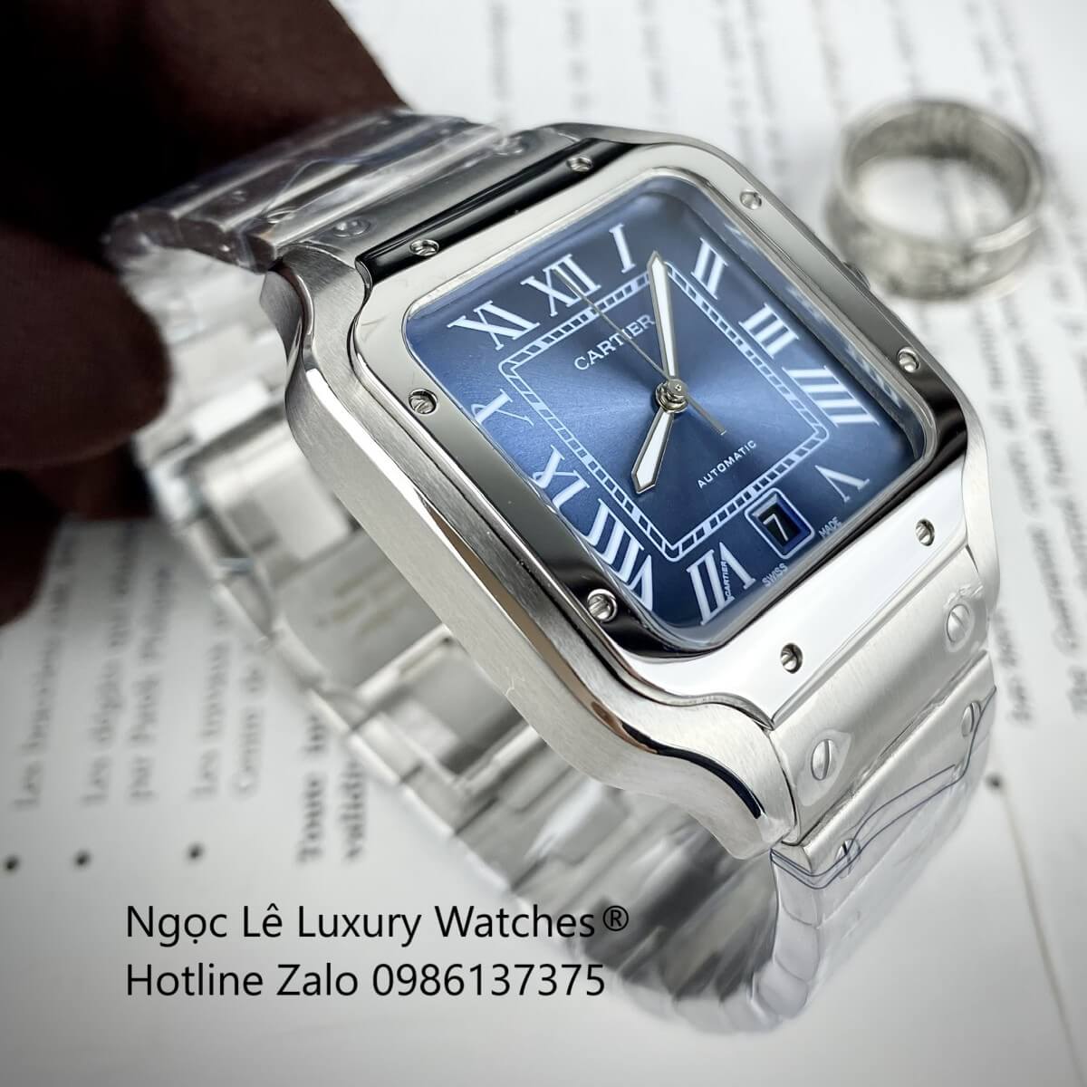 Đồng Hồ Nam Cartier Santos Automatic Dây Kim Loại Silver Mặt Xanh Ombre Size 38x38mm