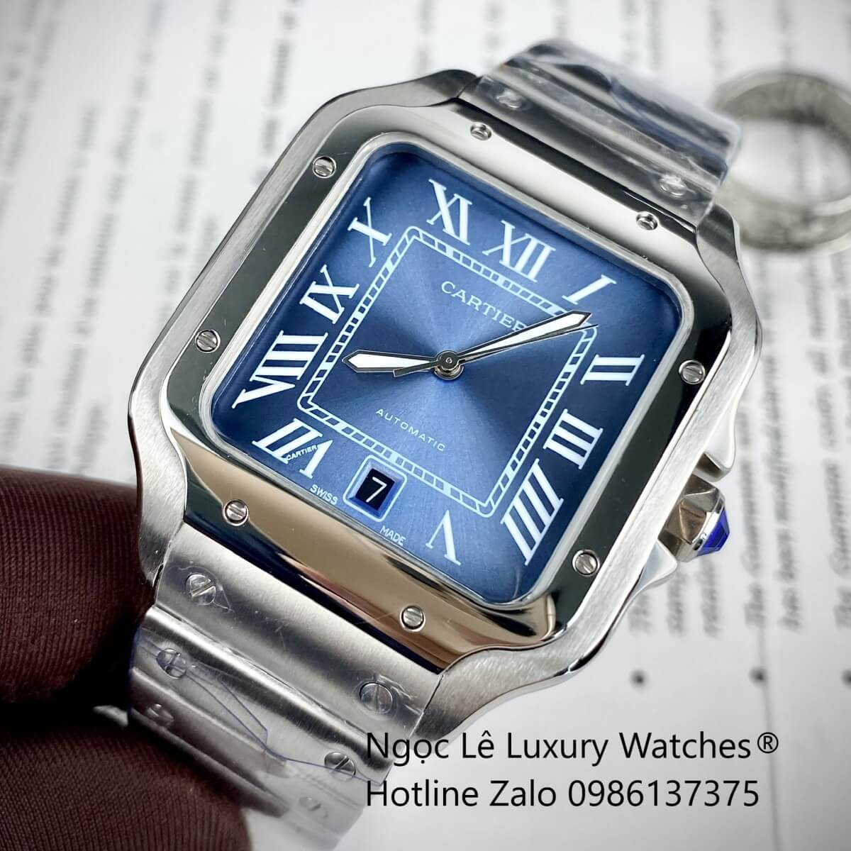 Đồng Hồ Nam Cartier Santos Automatic Dây Kim Loại Silver Mặt Xanh Ombre Size 38x38mm