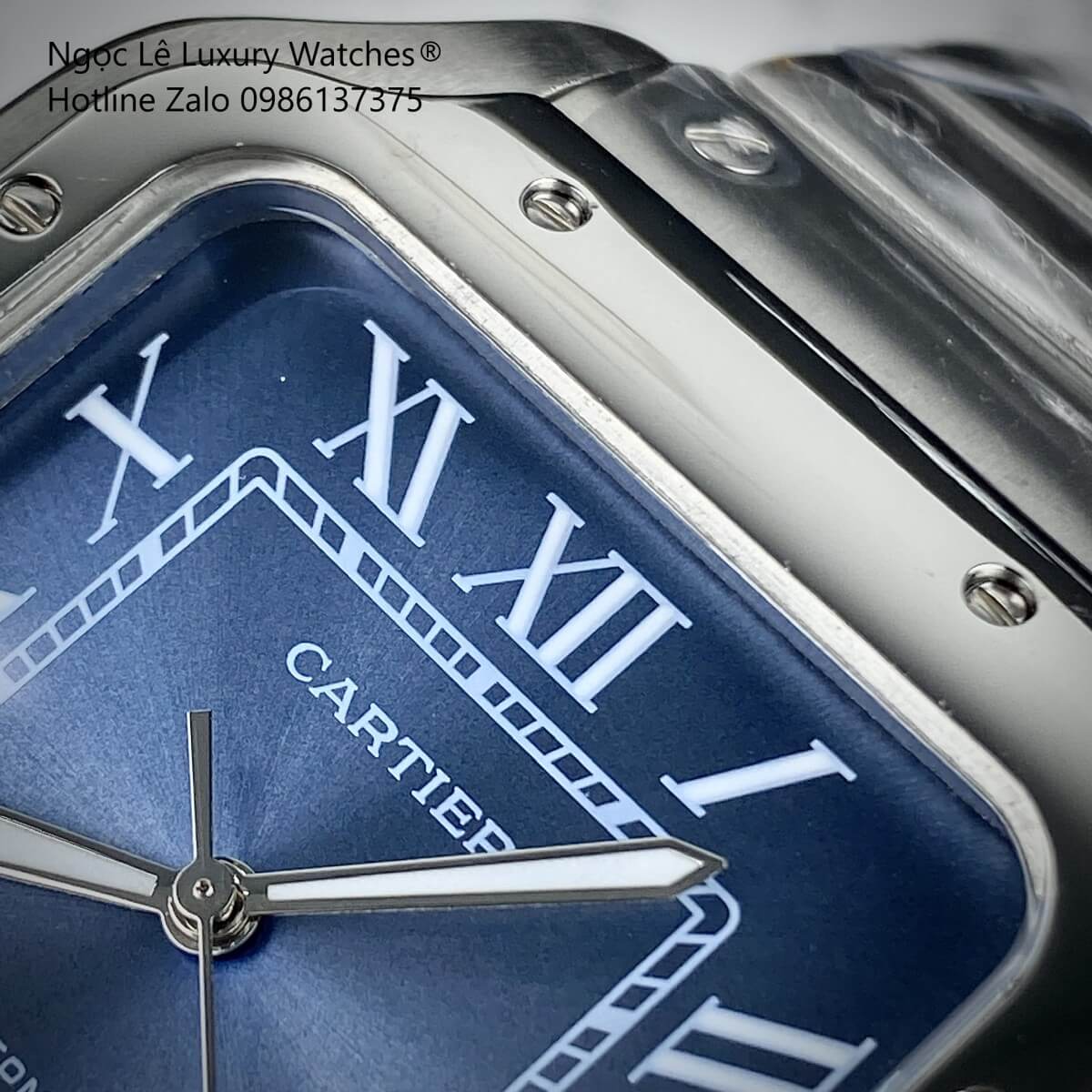 Đồng Hồ Nam Cartier Santos Automatic Dây Kim Loại Silver Mặt Xanh Ombre Size 38x38mm