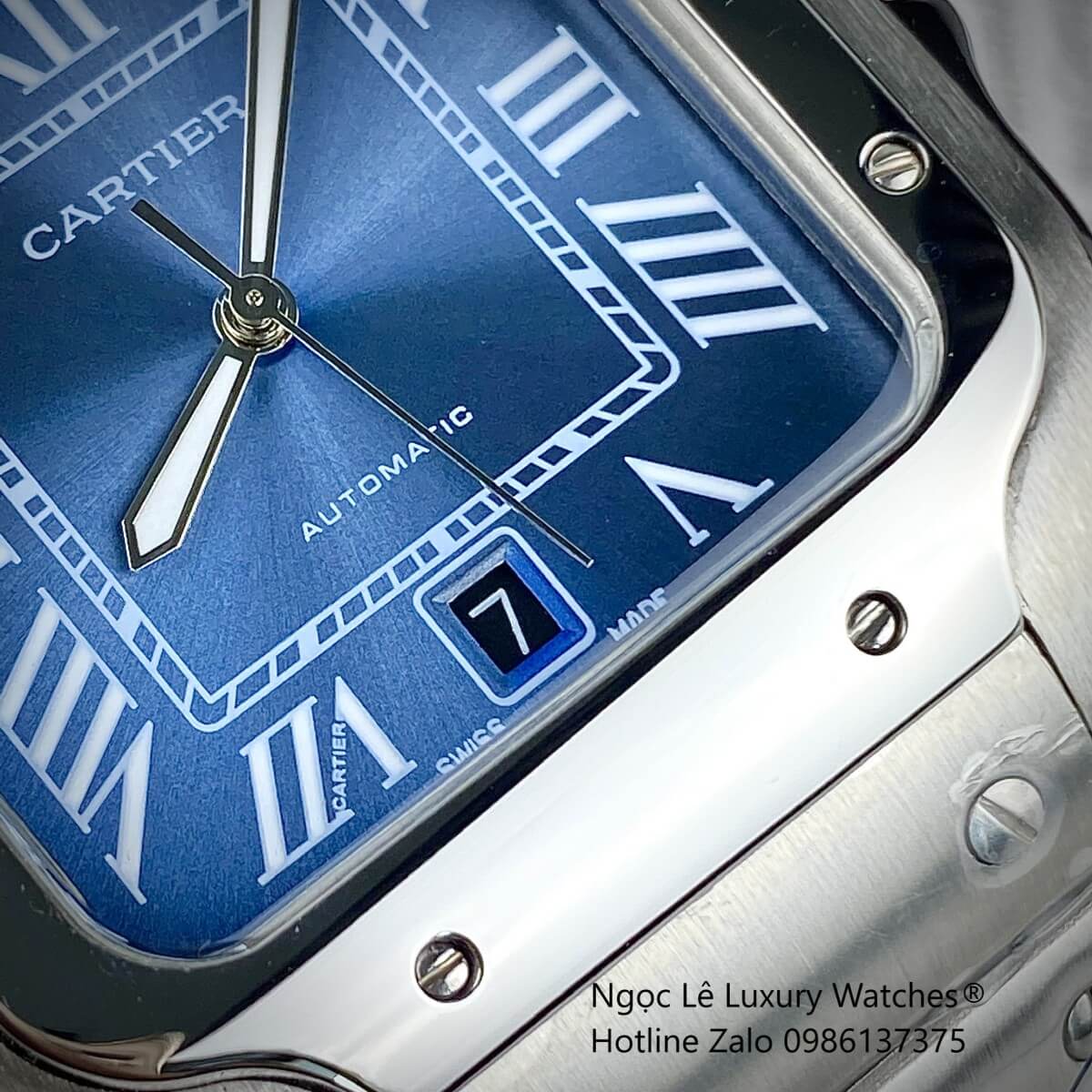 Đồng Hồ Nam Cartier Santos Automatic Dây Kim Loại Silver Mặt Xanh Ombre Size 38x38mm