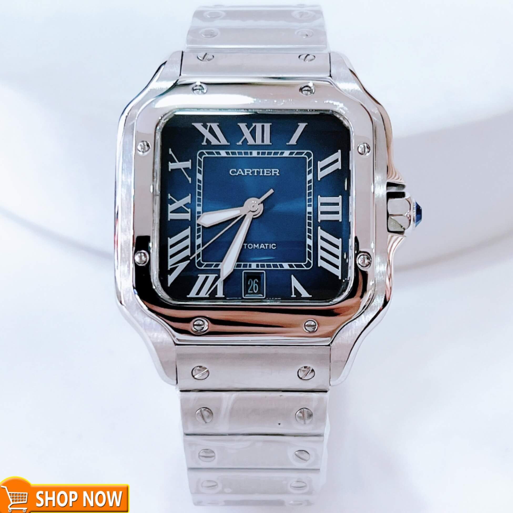 Đồng Hồ Nam Cartier Santos Automatic Dây Kim Loại Silver Mặt Xanh Ombre Size 38x38mm