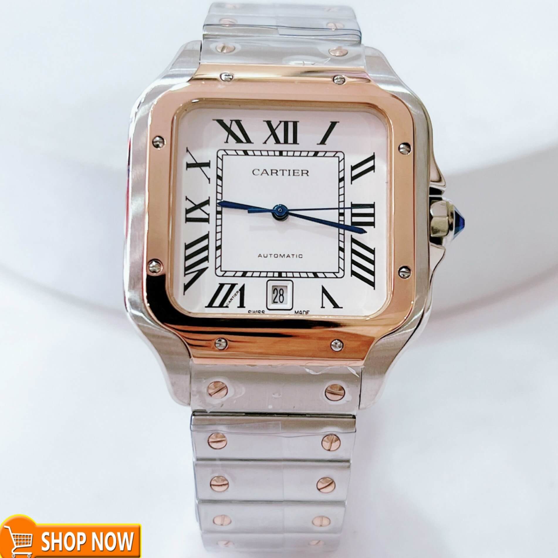 Đồng Hồ Nam Cartier Santos Automatic Dây Kim Loại Demi Rose Mặt Trắng Size 38x38mm