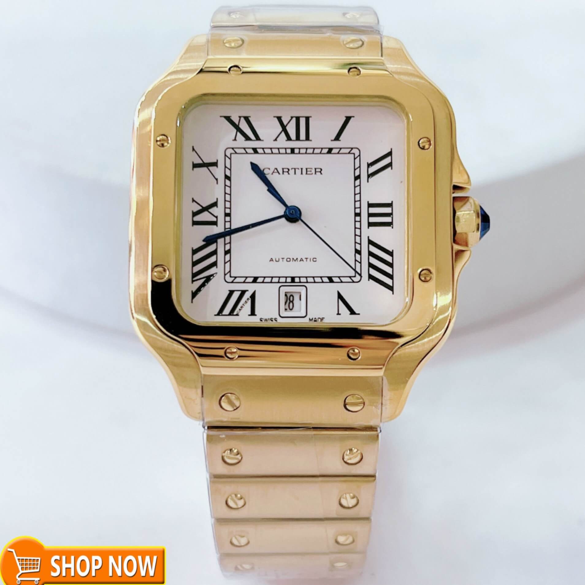 Đồng Hồ Nam Cartier Santos Automatic Dây Kim Loại Vàng Mặt Trắng Size 38x38mm