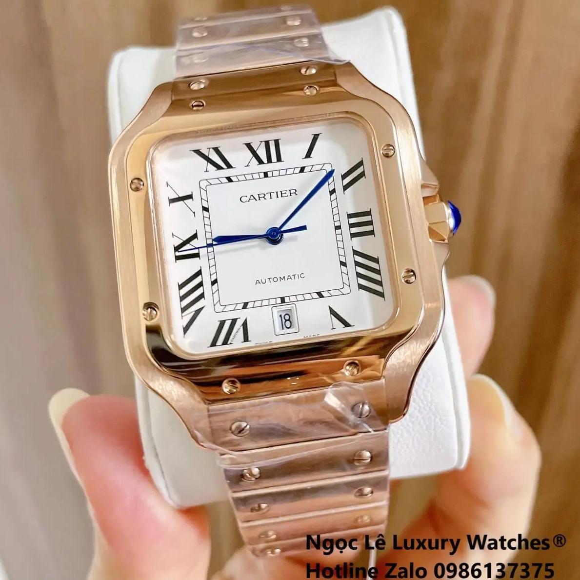 Đồng Hồ Nam Cartier Santos Automatic Dây Kim Loại Vàng Hồng Mặt Trắng Size 38x38mm