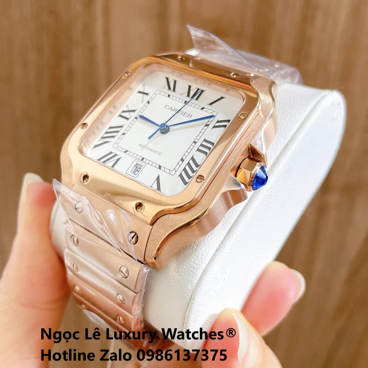 Đồng Hồ Nam Cartier Santos Automatic Dây Kim Loại Vàng Hồng Mặt Trắng Size 38x38mm