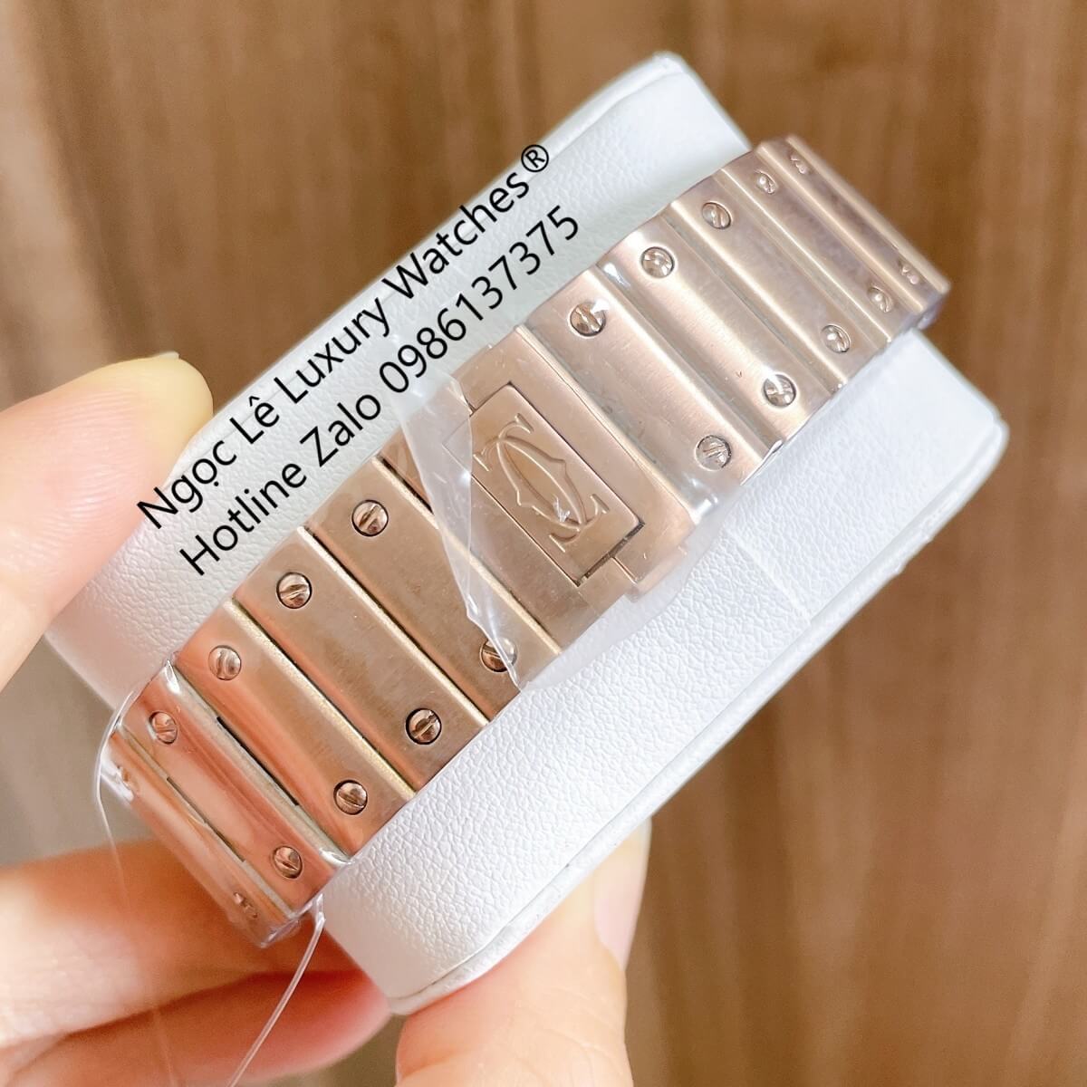 Đồng Hồ Nam Cartier Santos Automatic Dây Kim Loại Vàng Hồng Mặt Trắng Size 38x38mm