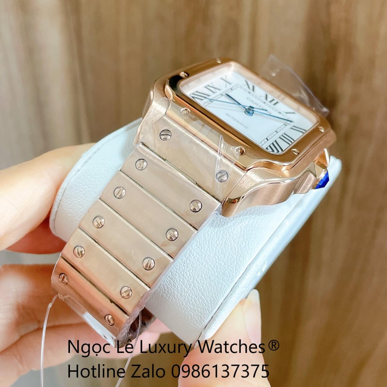Đồng Hồ Nam Cartier Santos Automatic Dây Kim Loại Vàng Hồng Mặt Trắng Size 38x38mm