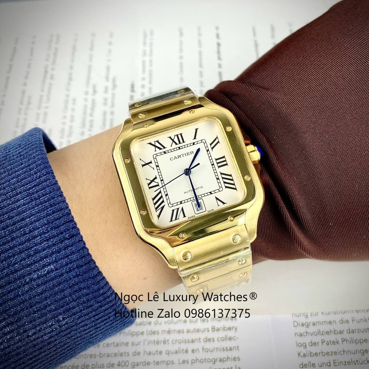 Đồng Hồ Nam Cartier Santos Automatic Dây Kim Loại Vàng Mặt Trắng Size 38x38mm