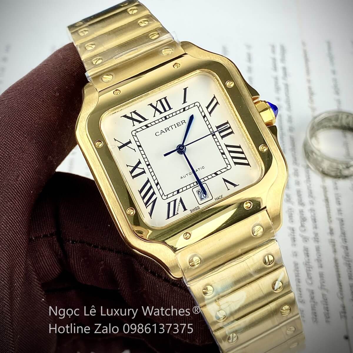 Đồng Hồ Nam Cartier Santos Automatic Dây Kim Loại Vàng Mặt Trắng Size 38x38mm