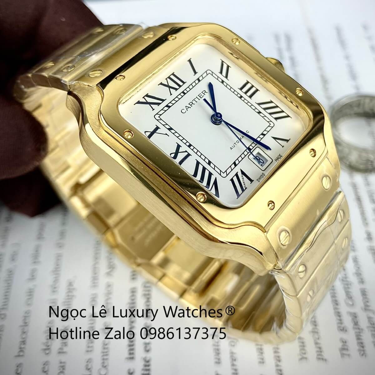 Đồng Hồ Nam Cartier Santos Automatic Dây Kim Loại Vàng Mặt Trắng Size 38x38mm