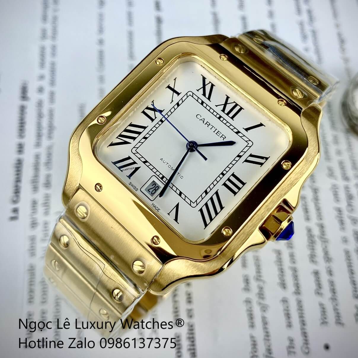 Đồng Hồ Nam Cartier Santos Automatic Dây Kim Loại Vàng Mặt Trắng Size 38x38mm