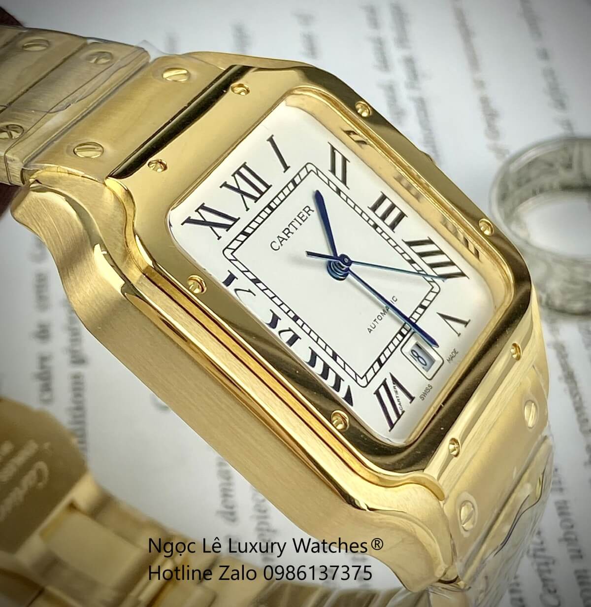 Đồng Hồ Nam Cartier Santos Automatic Dây Kim Loại Vàng Mặt Trắng Size 38x38mm