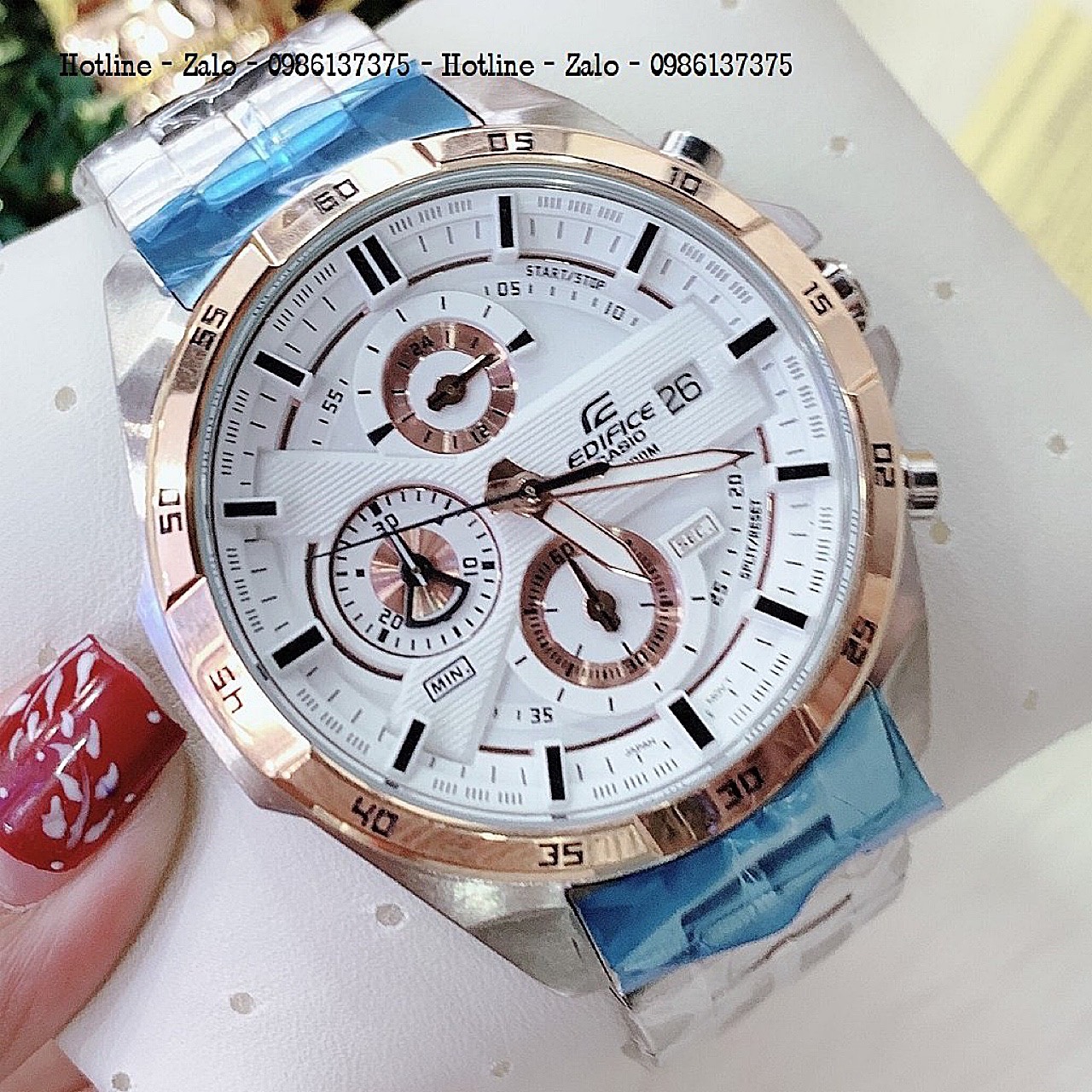 Đồng Hồ Nam CASIO Edifice EFR-556D Dây Bạc Mặt Trắng Rose Gold 48mm