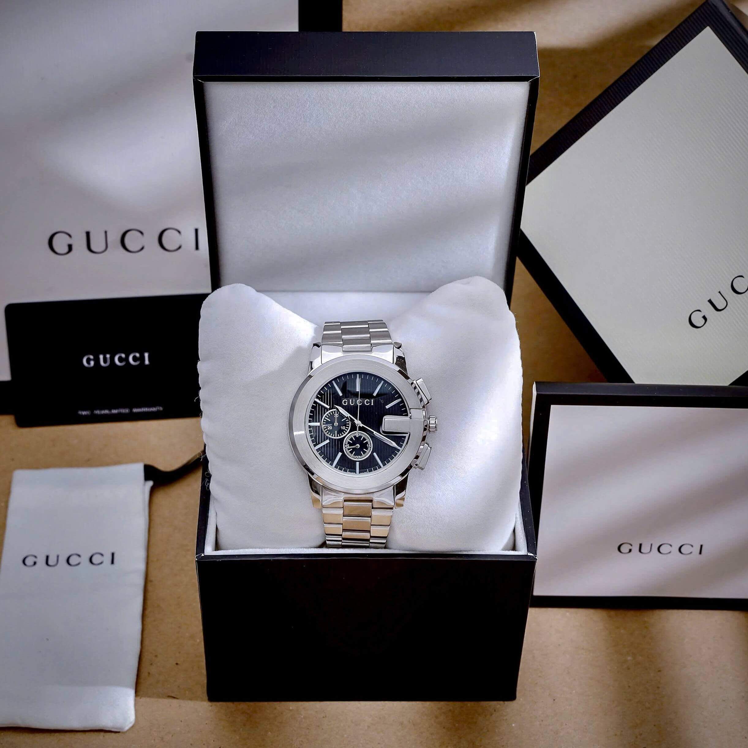 Đồng Hồ Nam Gucci G-Chrono Dây Bạc Mặt Đen Size 44mm - Gucci YA101331