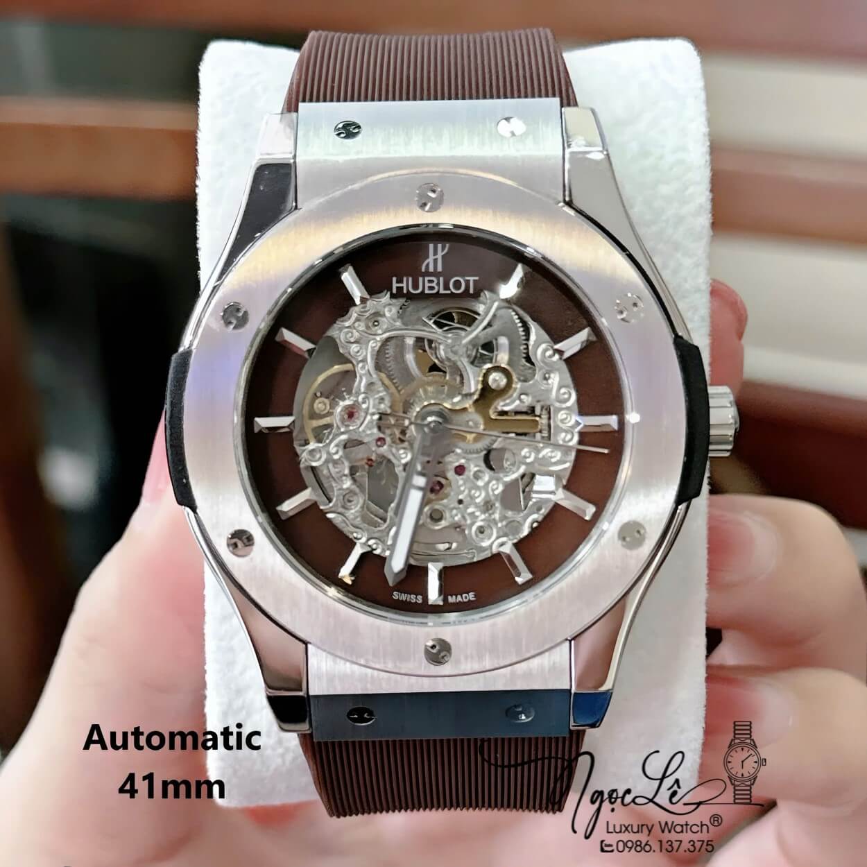 Đồng Hồ Nam Hublot Automatic Dây Cao Su Nâu Vỏ Thép Silver Lộ Cơ Size 41mm
