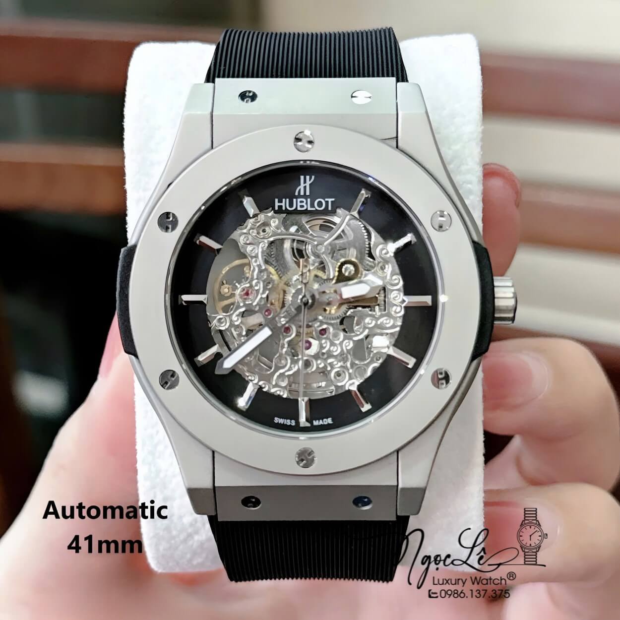 Đồng Hồ Nam Hublot Automatic Dây Silicon Đen Vỏ Màu Bạc Lộ Cơ Size 41mm