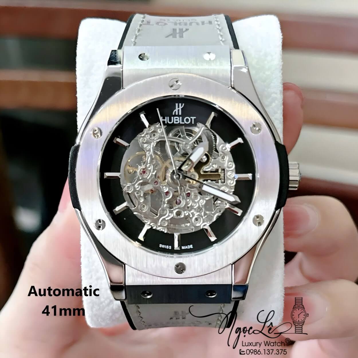 Đồng Hồ Nam Hublot Automatic Dây Da Silicon Xám Vỏ Màu Bạc Lộ Cơ Size 41mm
